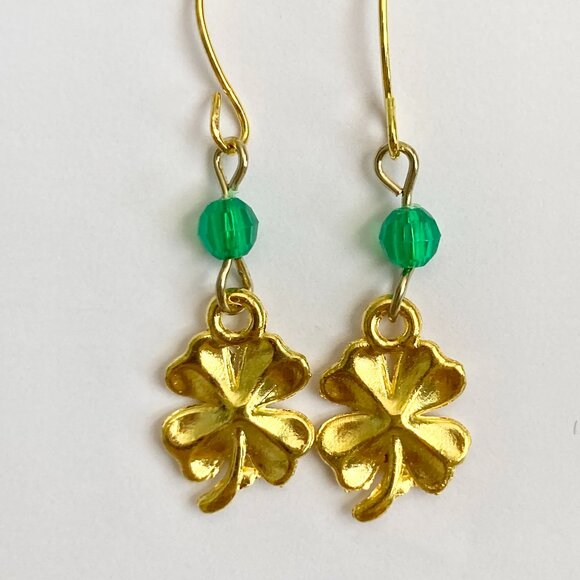 Shamrock Earrings Gold Plated Irish 4 Leaf Clover Luck Celtic St. Patricks Day - Picture 2 of 8